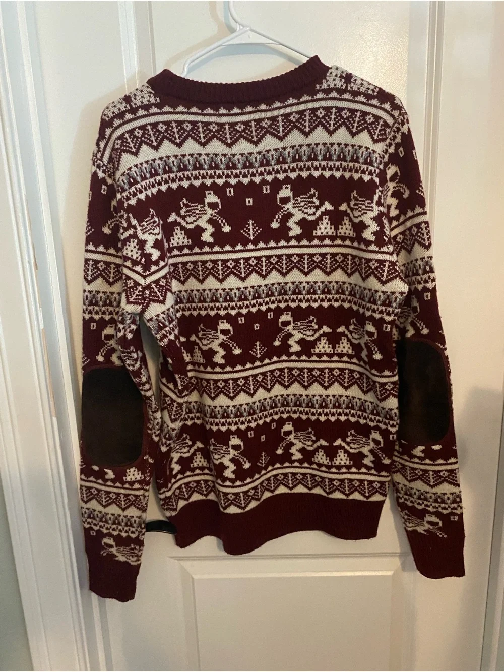 Bellfield Wool Blend Burgundy and Cream Fair Isle Nordic Crewneck Sweater